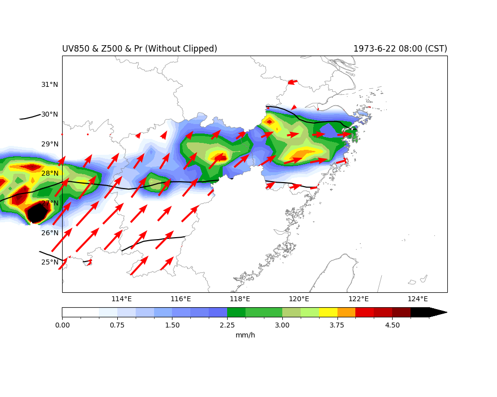 UV850 & Z500 & Pr (Without Clipped), 1973-6-22 08:00 (CST)