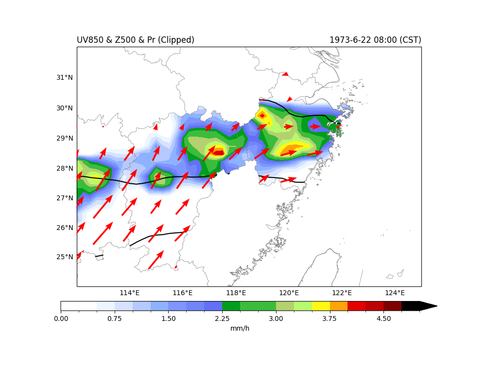 UV850 & Z500 & Pr (Clipped), 1973-6-22 08:00 (CST)
